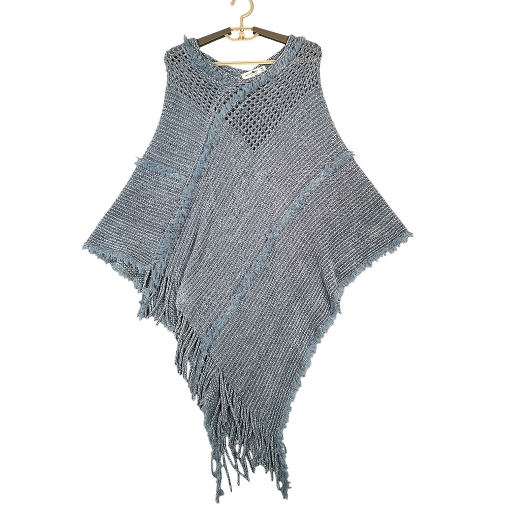 Natural Life Womens Chenille Knit Fringe Poncho Blue Gray Boho One Size Wrap